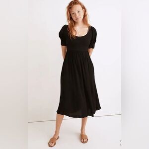 Madewell Puff-Sleeve Scoop Neck Midi Dress Black Lenzing Viscose Pockets Size 0